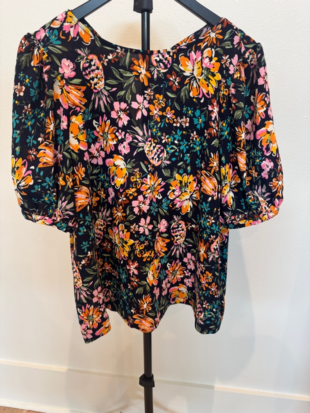 crown & ivy Black Floral Puff-Sleeve Blouse with Pink & Orange Blooms